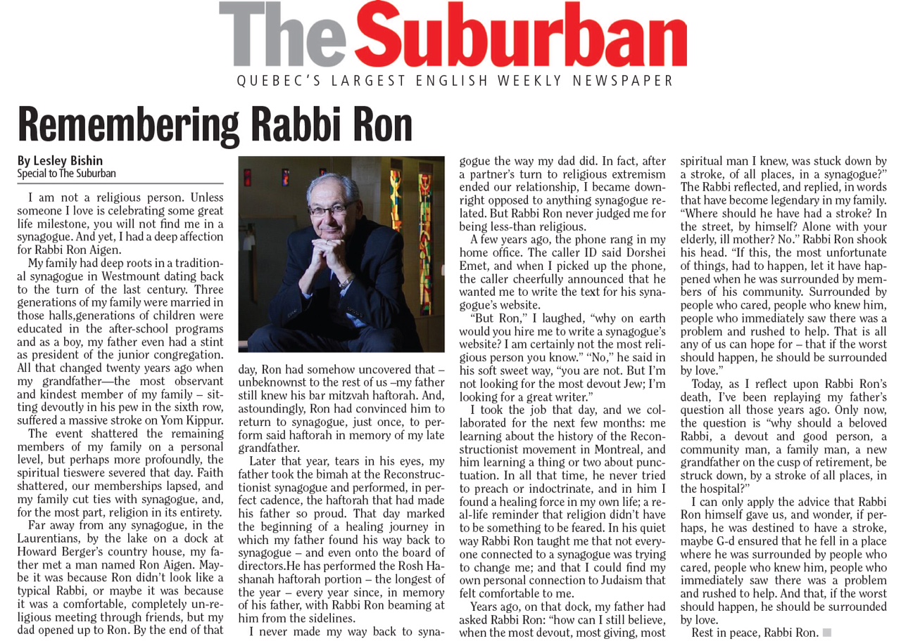 Suburban Op Ed - Remembering Rabbi Ron